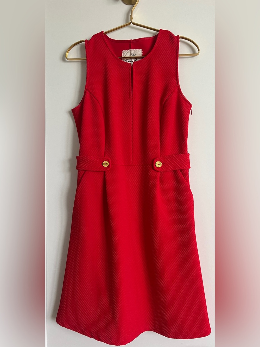 Anthropologie Tabitha Red Orange Textured Knit Fit Flare Dress Gold Button Sz 6 - Picture 6 of 14